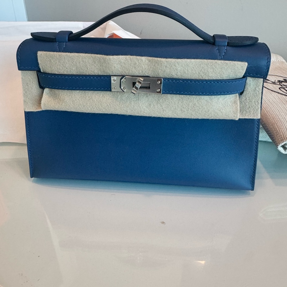 Hermes Kelly Pochette 2025 Blue Tie color Palladium HW (swift leather)